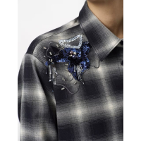 DANTE 6 - Eason Embellished Check Cropped Shirt | Nocturnal Blue 